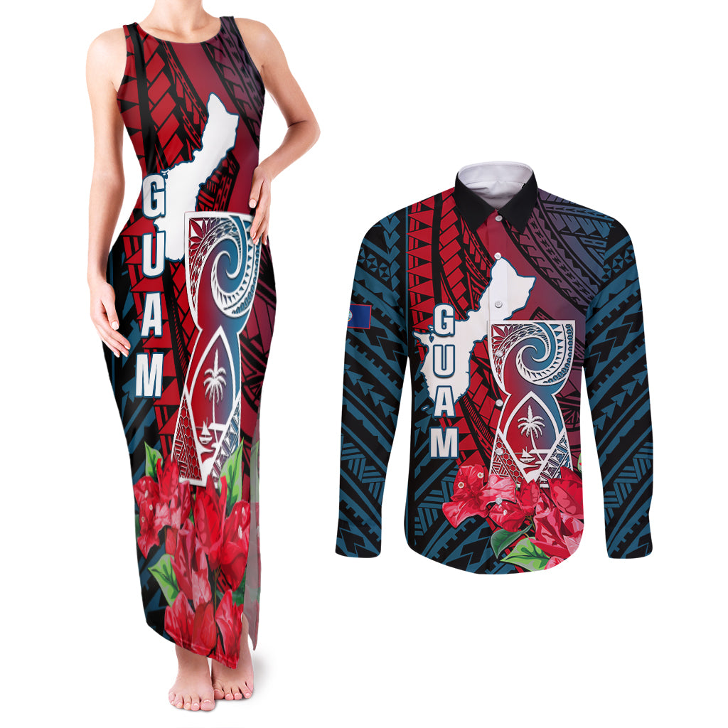 Personalized Guam Couples Matching Tank Maxi Dress and Long Sleeve Button Shirts Latte Stone Mix Bougainvillea Polynesian Pattern LT05 Blue - Polynesian Pride