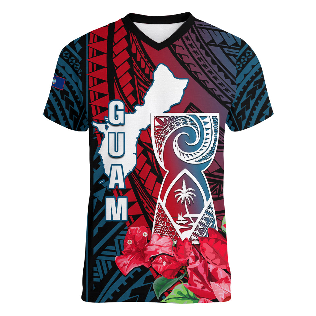 Personalized Guam Women V Neck T Shirt Latte Stone Mix Bougainvillea Polynesian Pattern LT05 Female Blue - Polynesian Pride