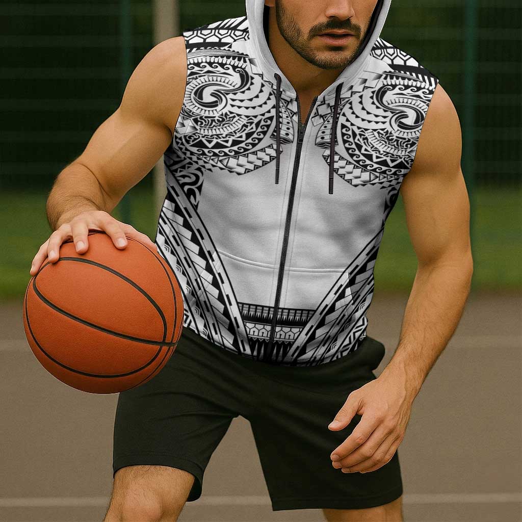 Polynesian Tattoo Inspired Cosplay Costume Sleeveless Zip Hoodie Tribal Warrior White - Polynesian Pride