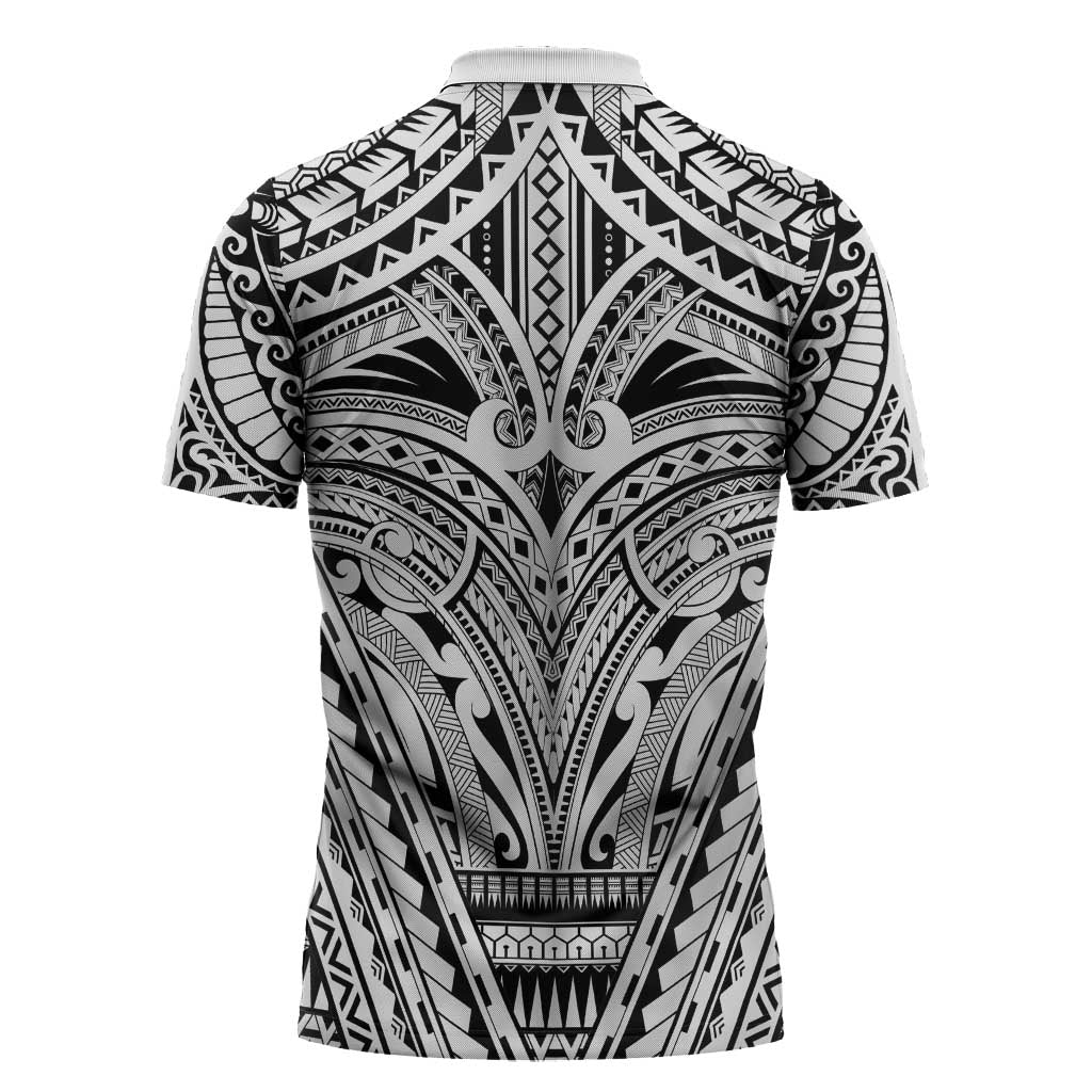 Polynesian Tattoo Inspired Cosplay Costume Zipper Polo Shirt Tribal Warrior White - Polynesian Pride