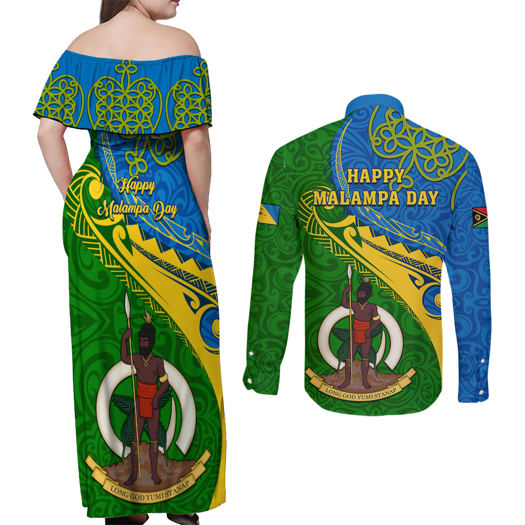 malampa-day-couples-matching-off-shoulder-maxi-dress-and-long-sleeve-button-shirts-sand-drawing-vanuatuan-pattern