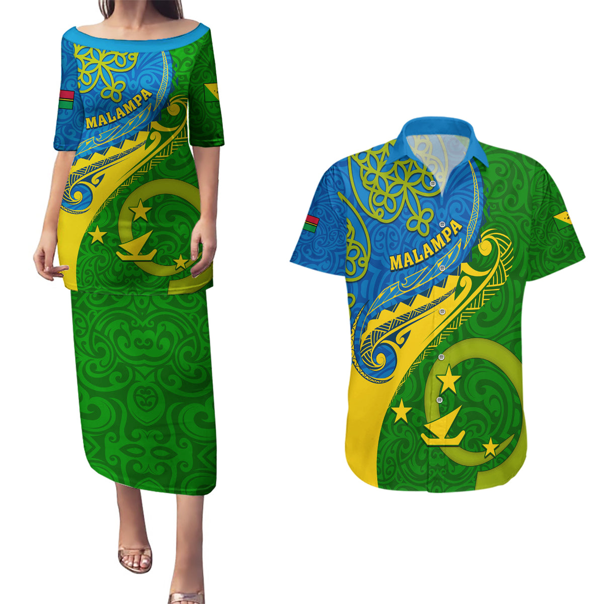 malampa-day-couples-matching-puletasi-dress-and-hawaiian-shirt-sand-drawing-vanuatuan-pattern