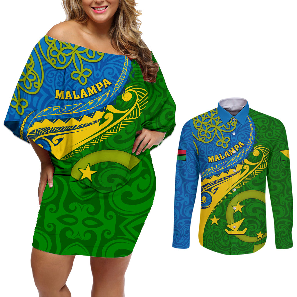 personalized-malampa-day-couples-matching-off-shoulder-short-dress-and-long-sleeve-button-shirts-sand-drawing-vanuatuan-pattern