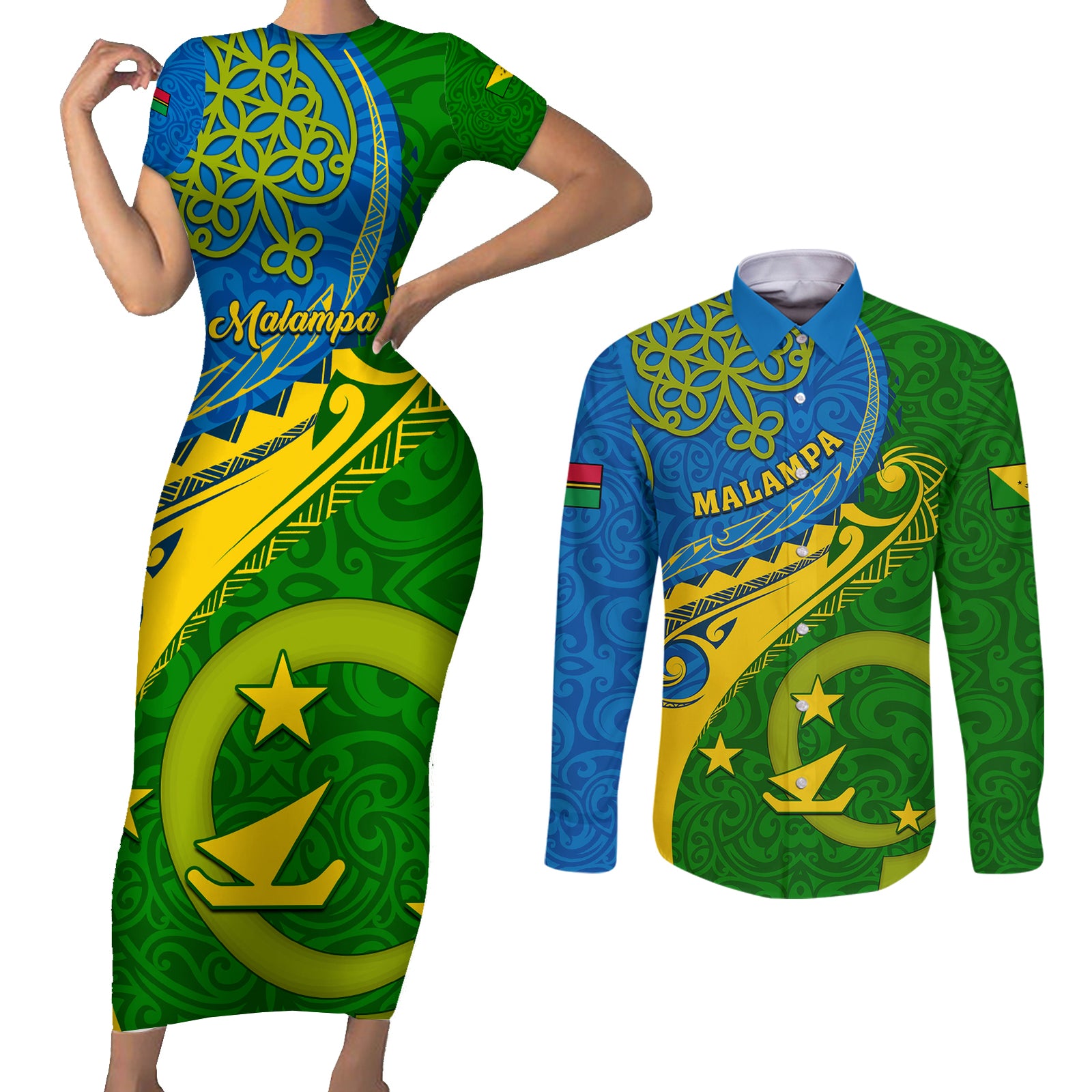 personalized-malampa-day-couples-matching-short-sleeve-bodycon-dress-and-long-sleeve-button-shirts-sand-drawing-vanuatuan-pattern
