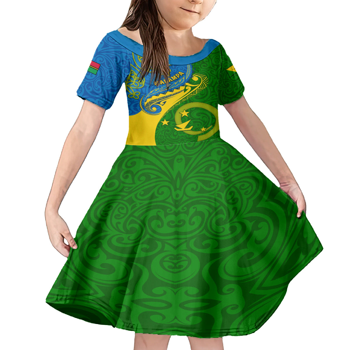 Personalized Malampa Day Family Matching Off Shoulder Short Dress and Hawaiian Shirt Sand Drawing Vanuatuan Pattern LT05 Daughter's Dress Green - Polynesian Pride