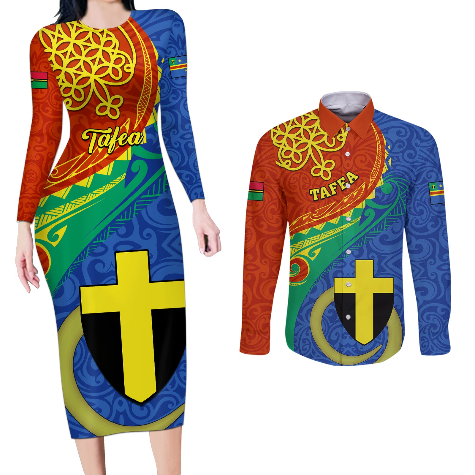 tafea-day-couples-matching-long-sleeve-bodycon-dress-and-long-sleeve-button-shirts-sand-drawing-vanuatuan-pattern