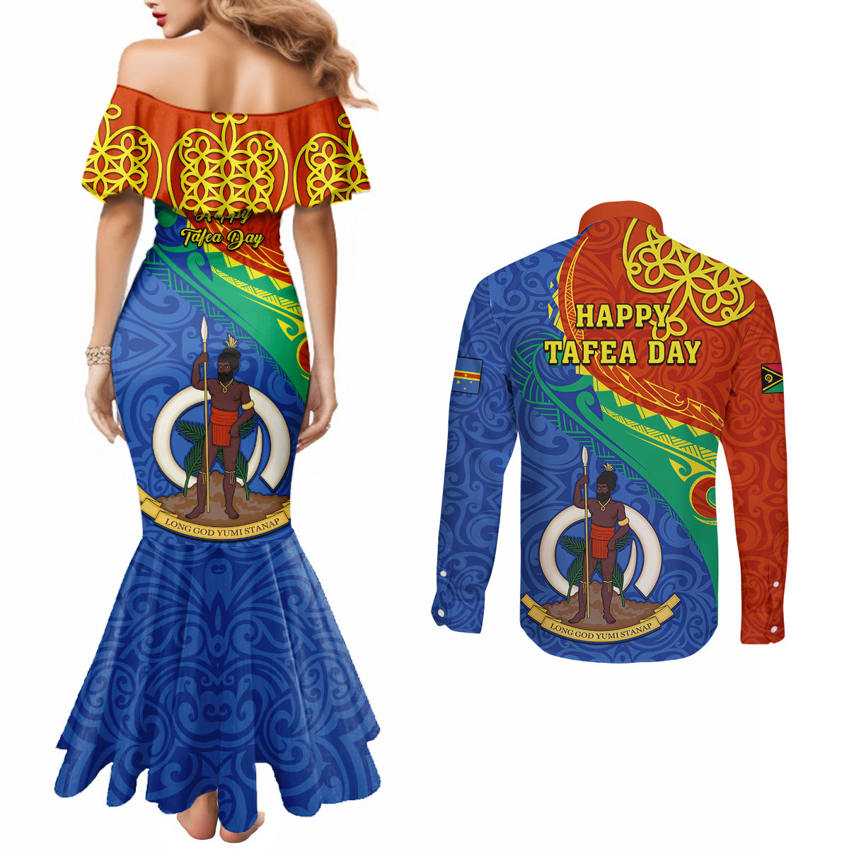 tafea-day-couples-matching-mermaid-dress-and-long-sleeve-button-shirts-sand-drawing-vanuatuan-pattern