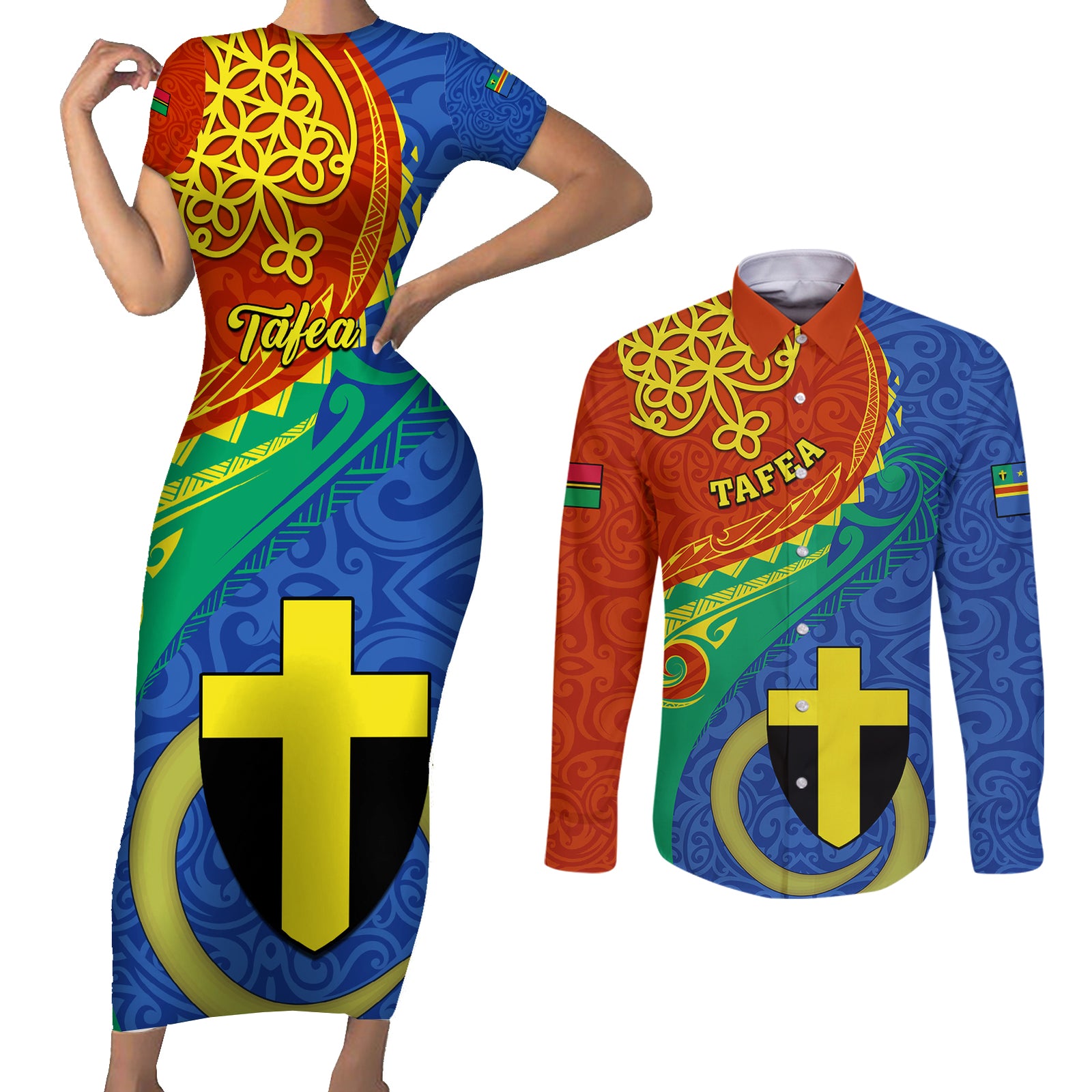 tafea-day-couples-matching-short-sleeve-bodycon-dress-and-long-sleeve-button-shirts-sand-drawing-vanuatuan-pattern