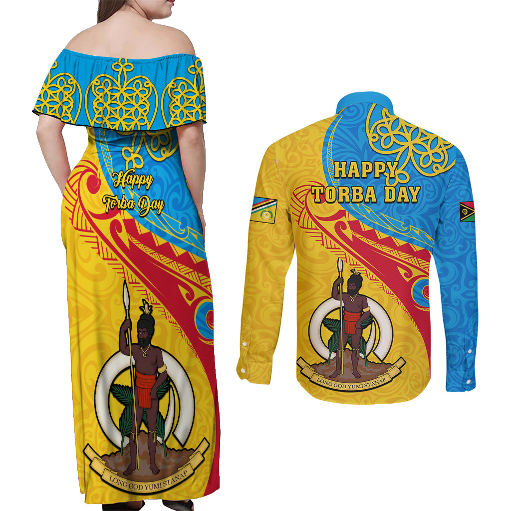 torba-day-couples-matching-off-shoulder-maxi-dress-and-long-sleeve-button-shirts-sand-drawing-vanuatuan-pattern