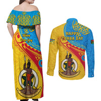 torba-day-couples-matching-off-shoulder-maxi-dress-and-long-sleeve-button-shirts-sand-drawing-vanuatuan-pattern