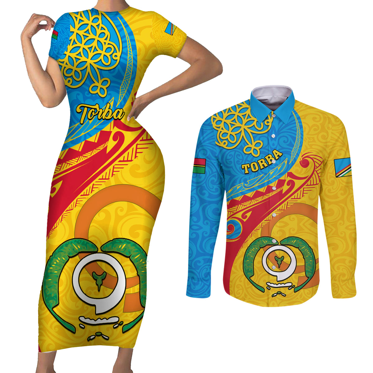 torba-day-couples-matching-short-sleeve-bodycon-dress-and-long-sleeve-button-shirts-sand-drawing-vanuatuan-pattern