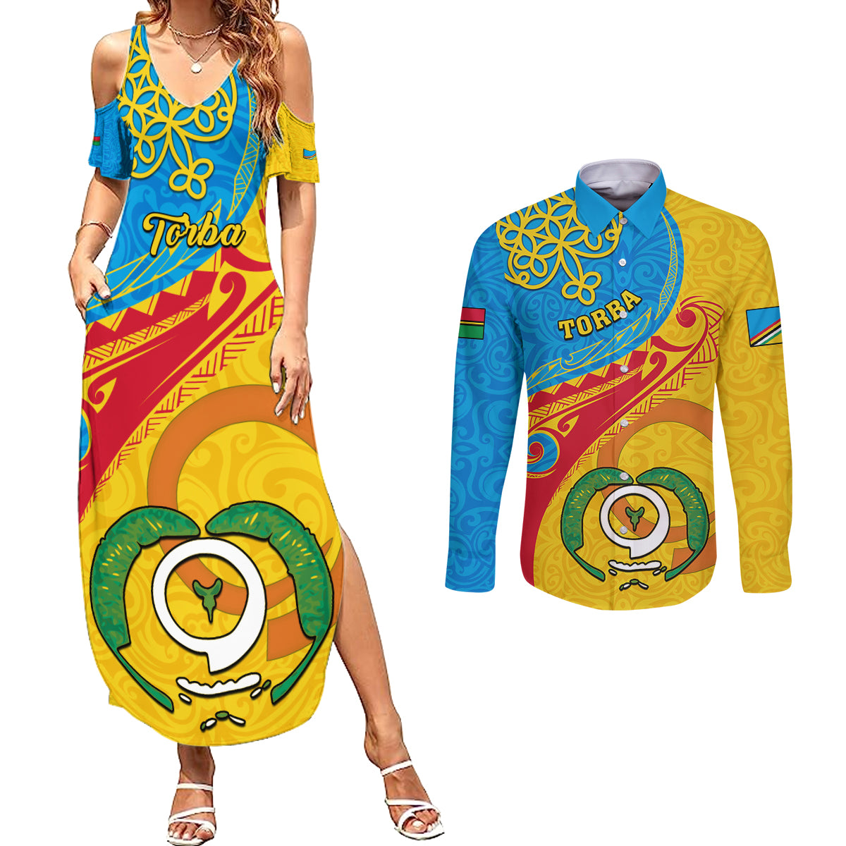 torba-day-couples-matching-summer-maxi-dress-and-long-sleeve-button-shirts-sand-drawing-vanuatuan-pattern