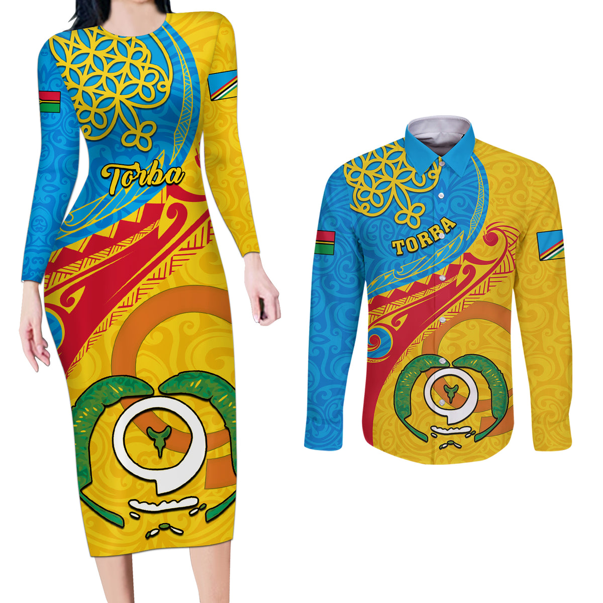 personalized-torba-day-couples-matching-long-sleeve-bodycon-dress-and-long-sleeve-button-shirts-sand-drawing-vanuatuan-pattern