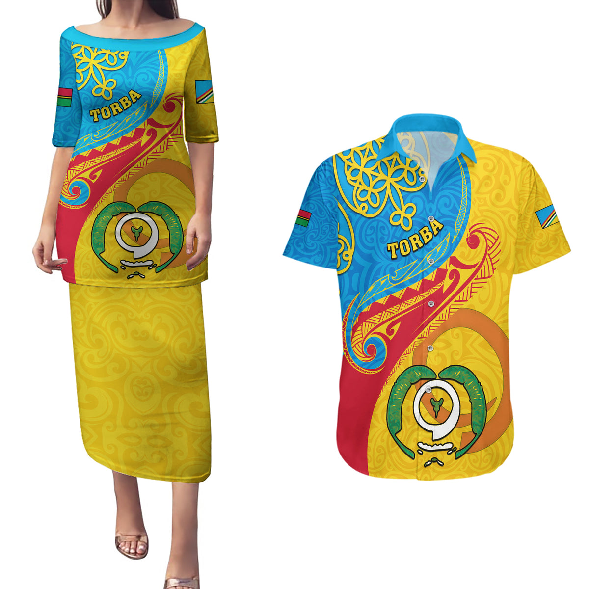 personalized-torba-day-couples-matching-puletasi-dress-and-hawaiian-shirt-sand-drawing-vanuatuan-pattern