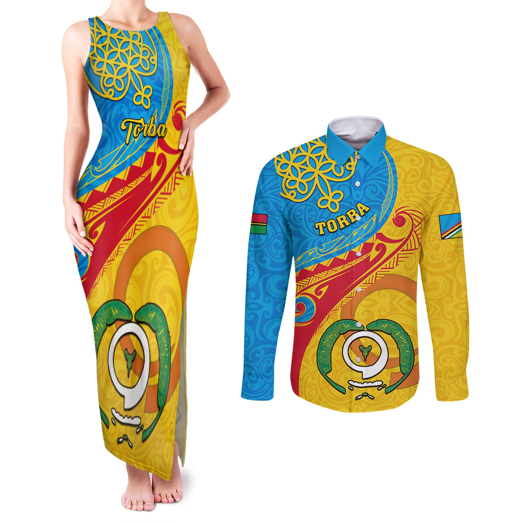 personalized-torba-day-couples-matching-tank-maxi-dress-and-long-sleeve-button-shirts-sand-drawing-vanuatuan-pattern