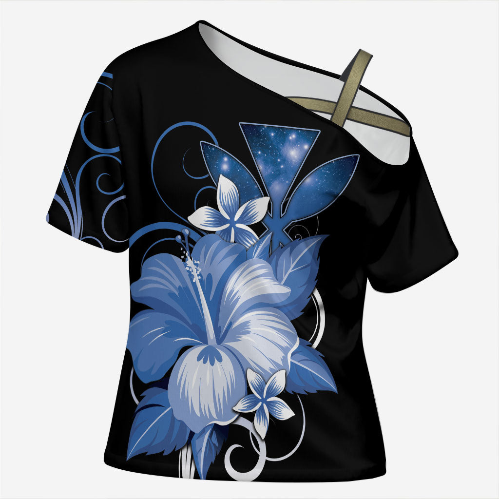 Hawaii Makahiki Kanaka Maoli Cross Shoulder Shirt Blue Hibiscus Floral Vibes LT05 Female Blue - Polynesian Pride