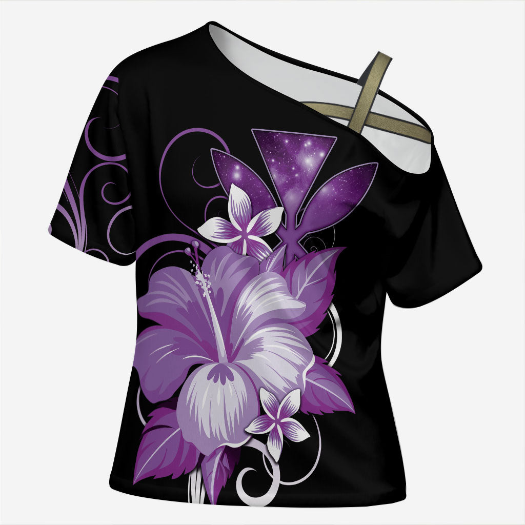 Hawaii Makahiki Kanaka Maoli Cross Shoulder Shirt Purple Hibiscus Floral Vibes LT05 Female Purple - Polynesian Pride