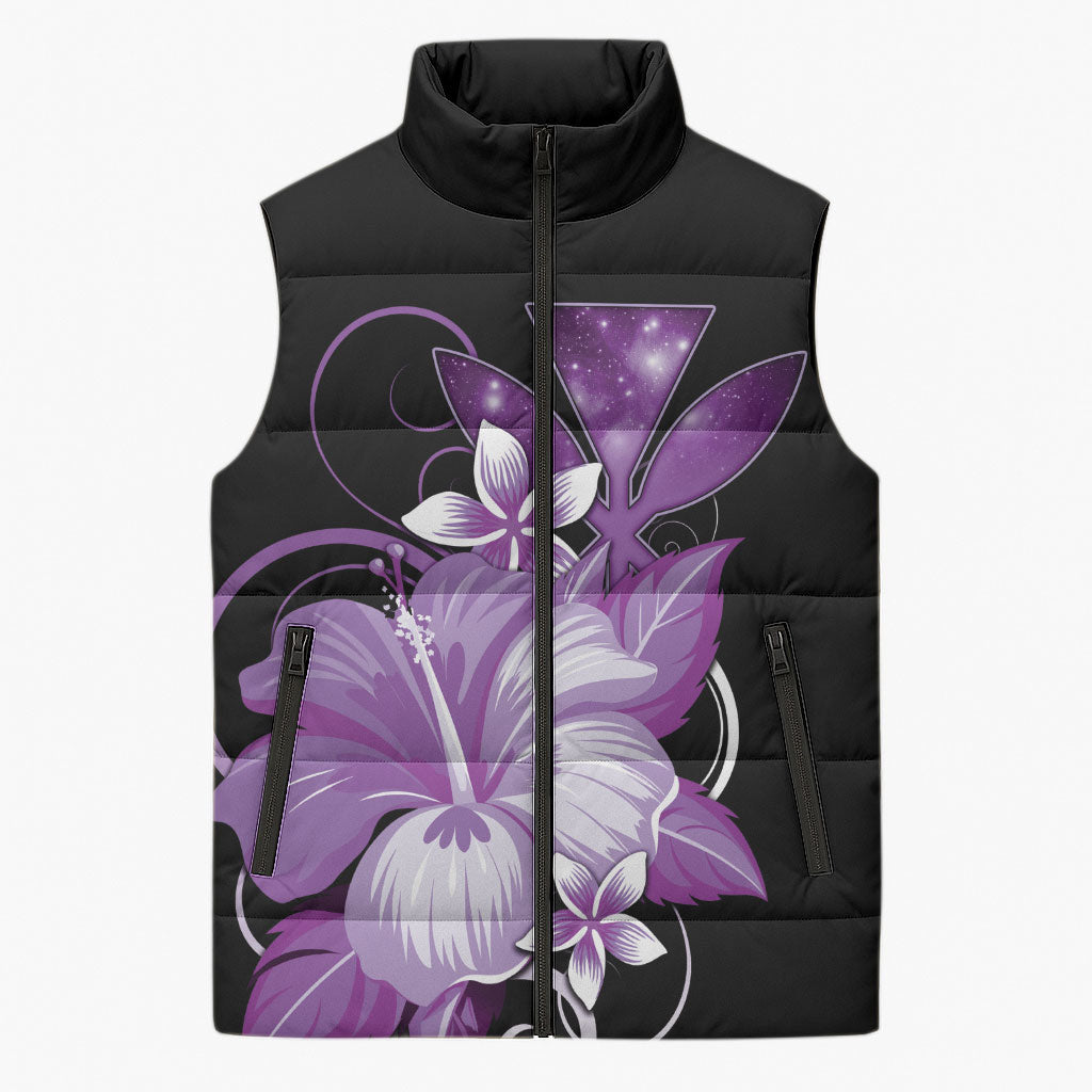 Hawaii Makahiki Kanaka Maoli Sleeveless Puffer Jacket Purple Hibiscus Floral Vibes LT05 Unisex Purple - Polynesian Pride