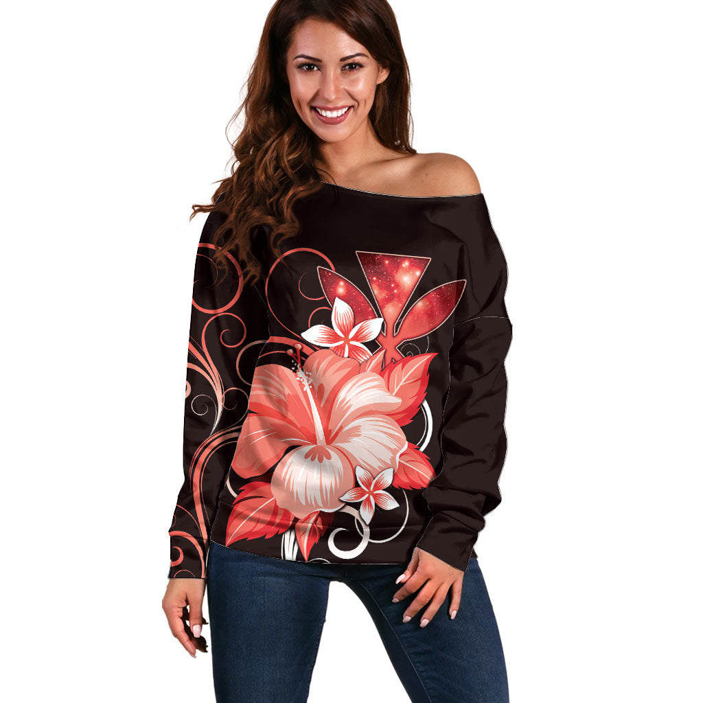 Hawaii Makahiki Kanaka Maoli Off Shoulder Sweater Red Hibiscus Floral Vibes LT05 Women Red - Polynesian Pride