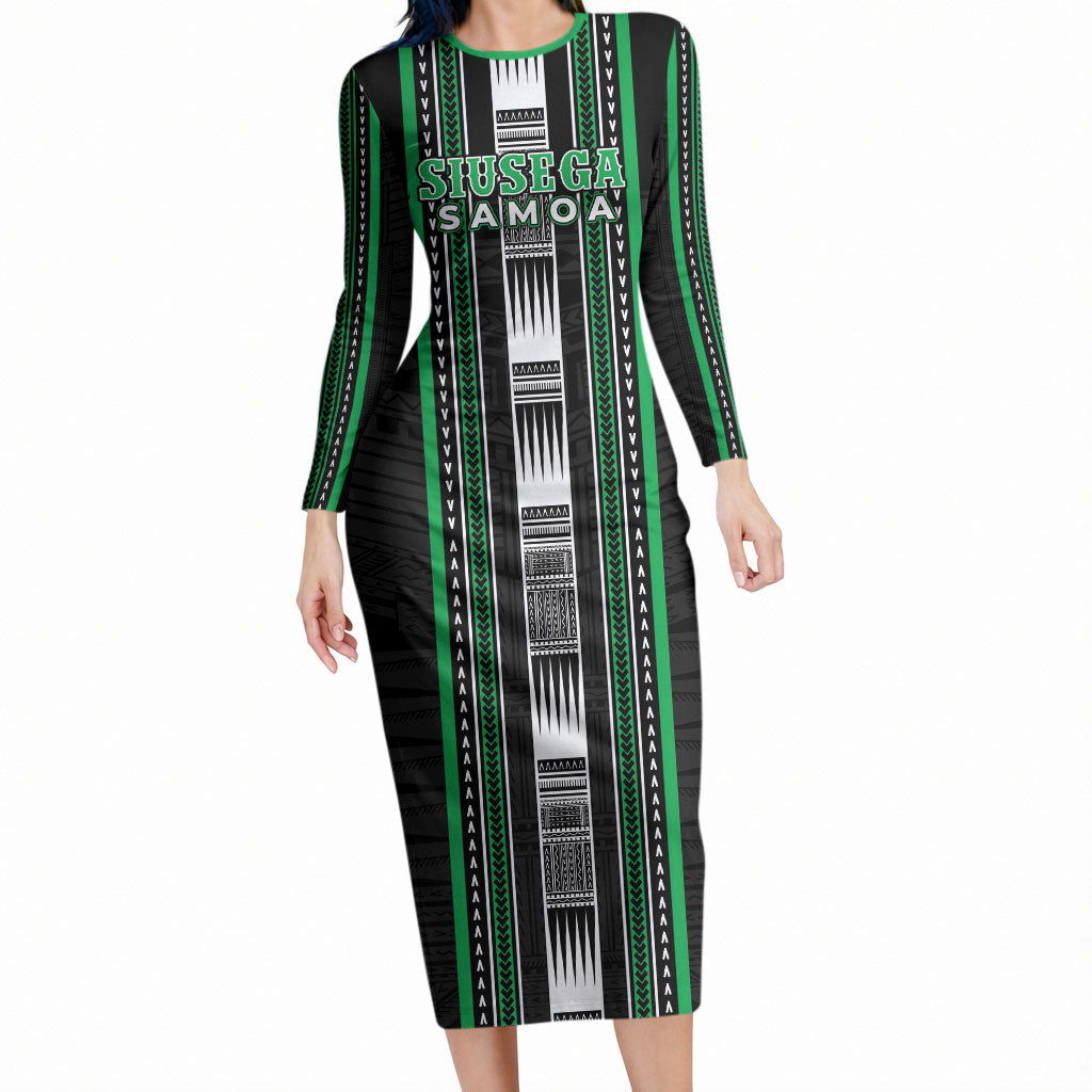 Personalised Siusega Samoa Long Sleeve Bodycon Dress Samoan Tribal Pattern LT05 Long Dress Green - Polynesian Pride