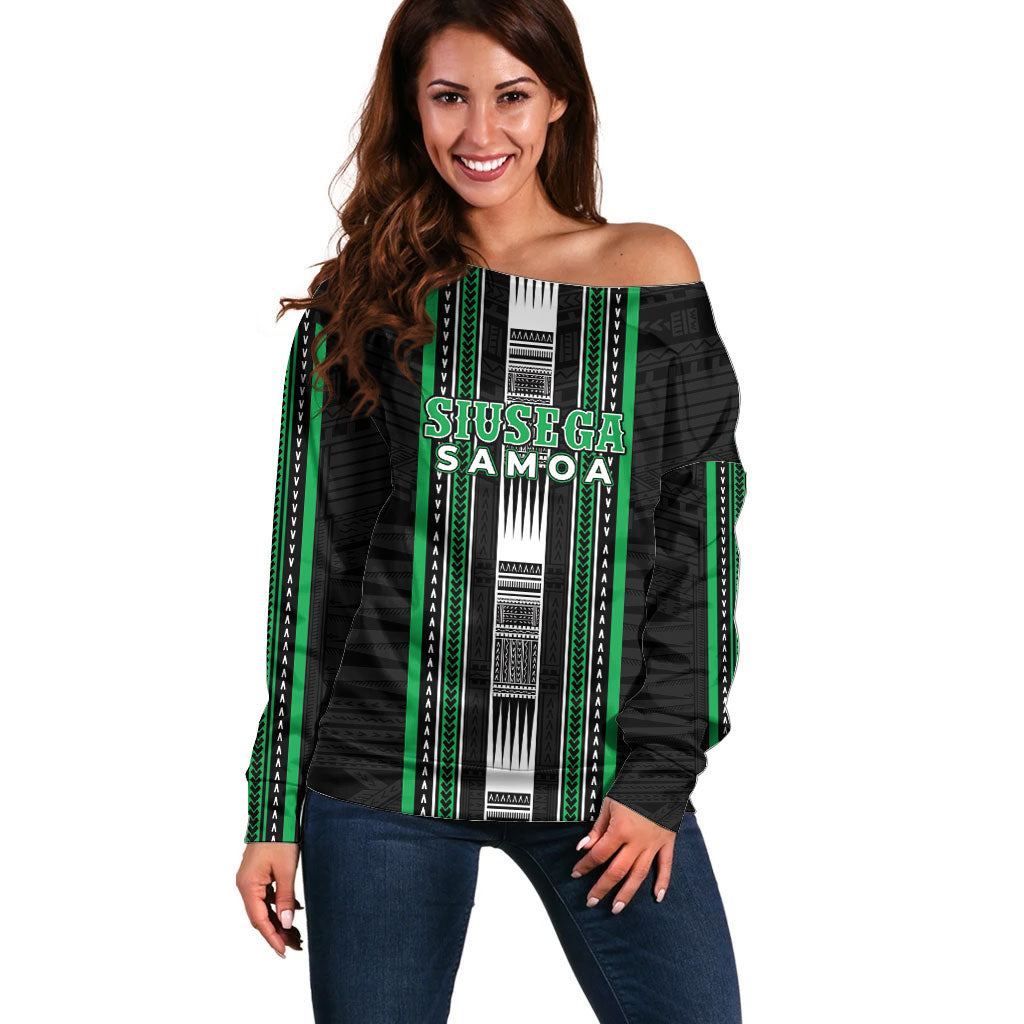 Personalised Siusega Samoa Off Shoulder Sweater Samoan Tribal Pattern LT05 Women Green - Polynesian Pride
