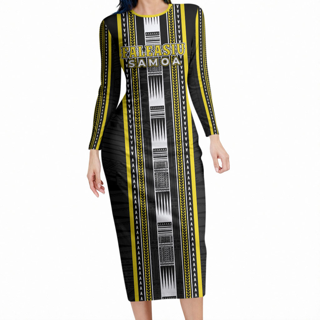 Personalised Faleasiu Samoa Long Sleeve Bodycon Dress Samoan Tribal Pattern LT05 Long Dress Yellow - Polynesian Pride
