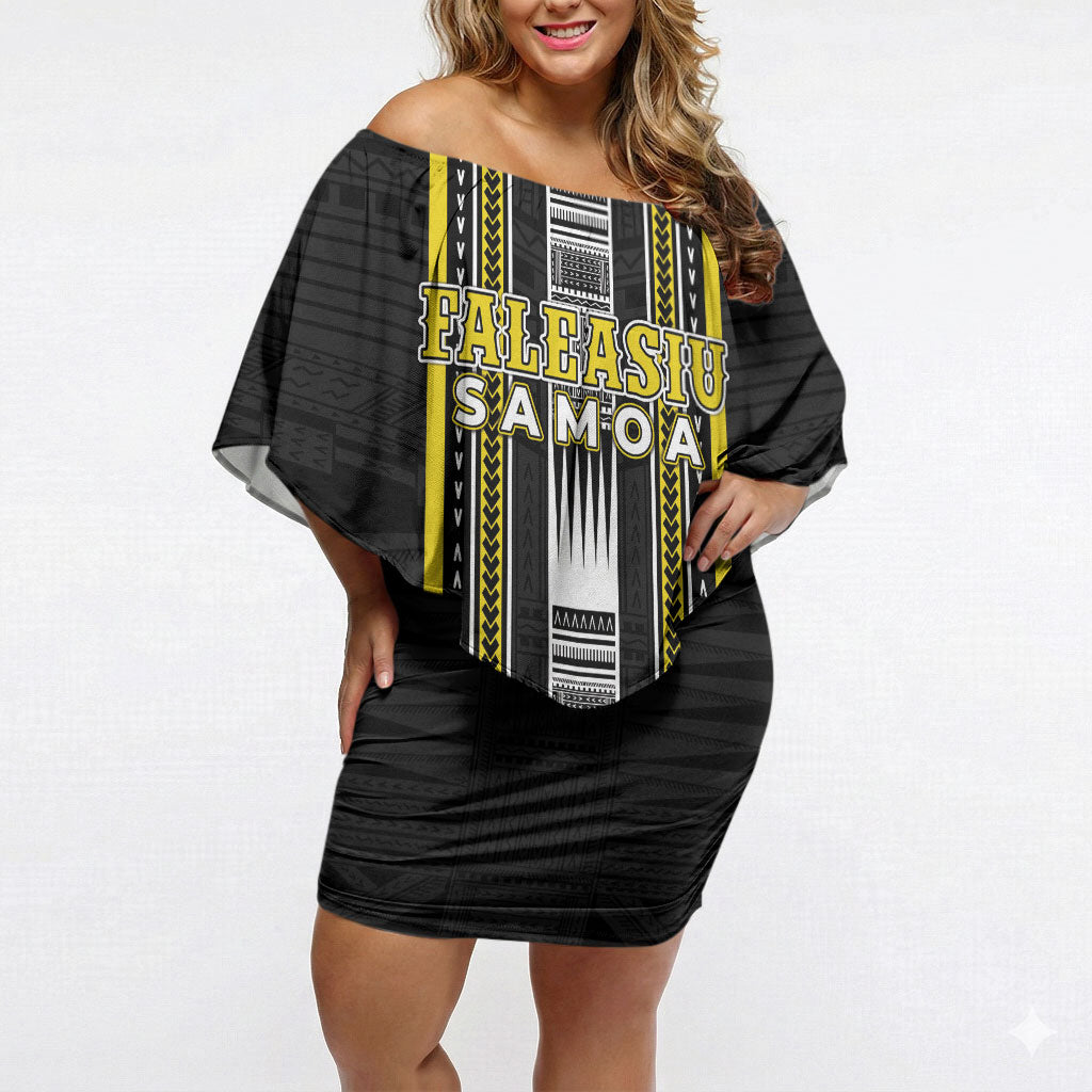 Personalised Faleasiu Samoa Off Shoulder Short Dress Samoan Tribal Pattern LT05 Women Yellow - Polynesian Pride
