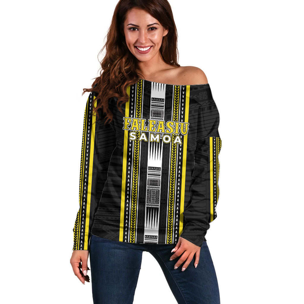 Personalised Faleasiu Samoa Off Shoulder Sweater Samoan Tribal Pattern LT05 Women Yellow - Polynesian Pride