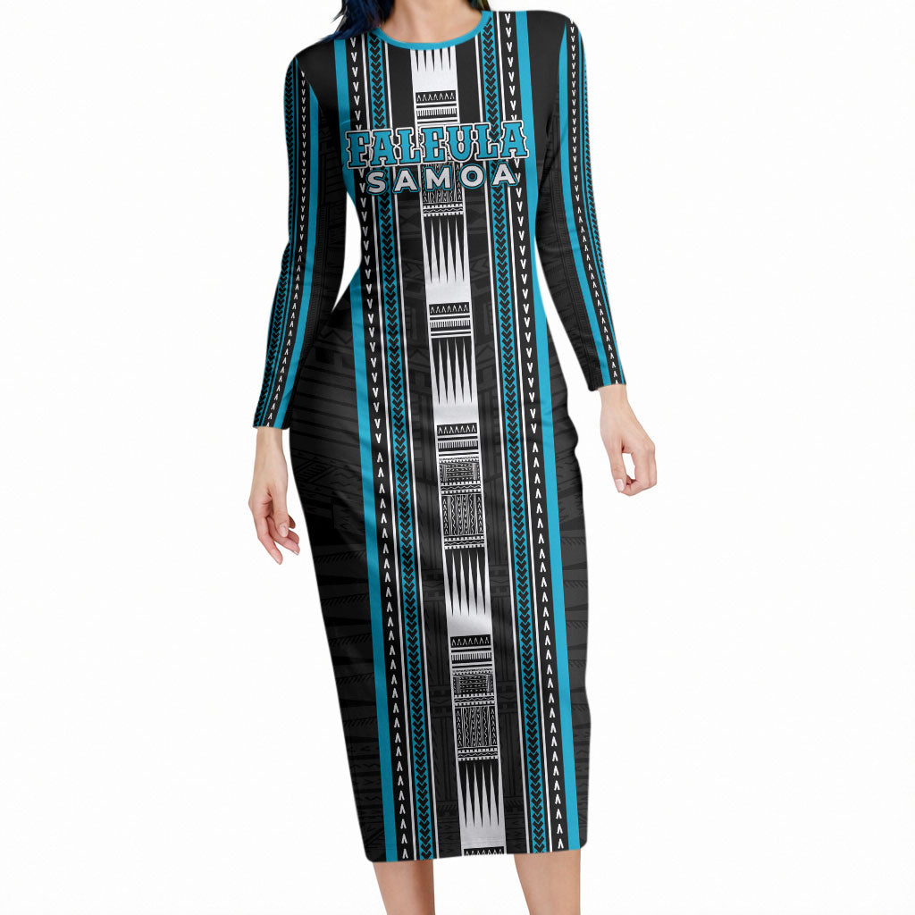 Personalised Faleula Samoa Long Sleeve Bodycon Dress Samoan Tribal Pattern LT05 Long Dress Blue - Polynesian Pride