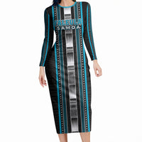 Personalised Faleula Samoa Long Sleeve Bodycon Dress Samoan Tribal Pattern LT05 Long Dress Blue - Polynesian Pride