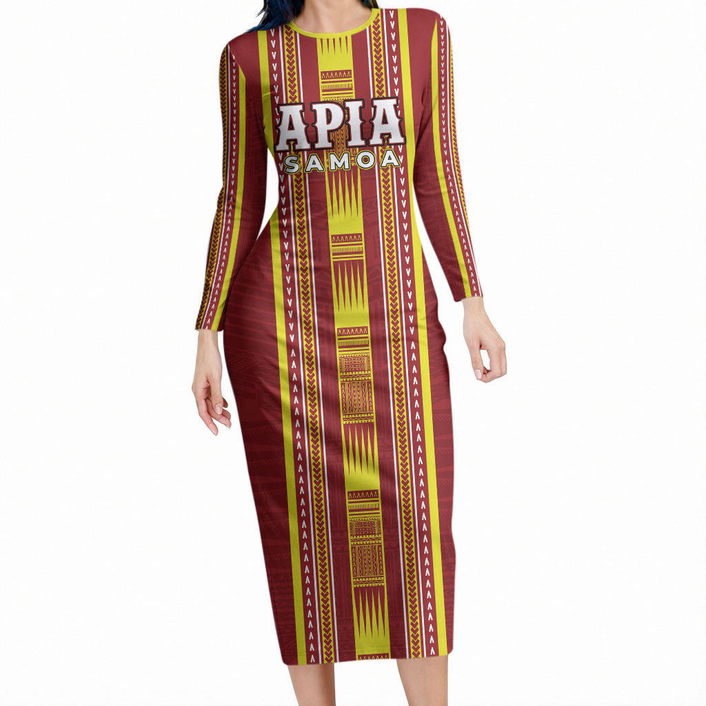 Personalised Apia Samoa Long Sleeve Bodycon Dress Samoan Tribal Pattern LT05 Long Dress Red - Polynesian Pride