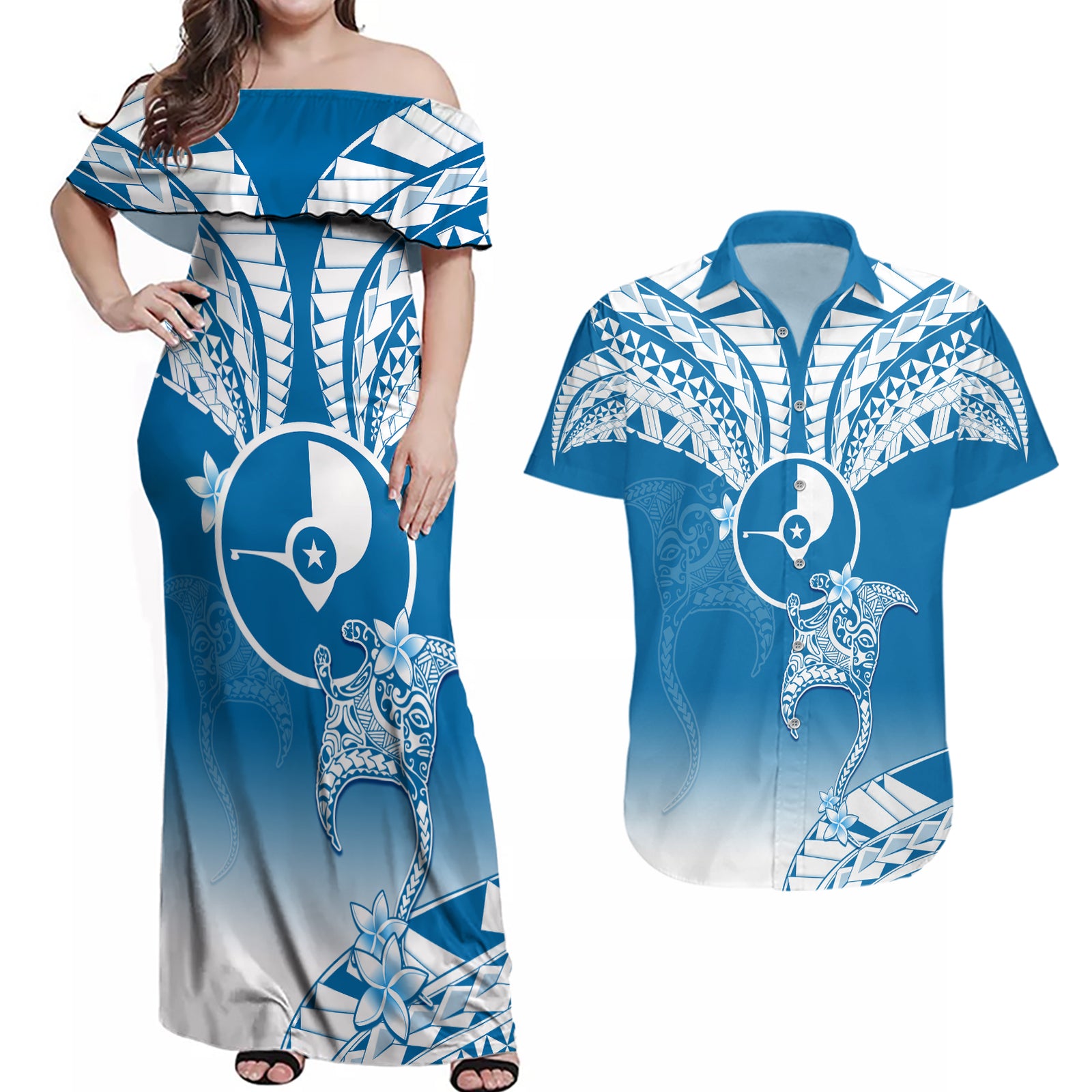 FSM Yap Constitution Day Couples Matching Off Shoulder Maxi Dress and Hawaiian Shirt Polynesian Batoids LT05 Blue - Polynesian Pride