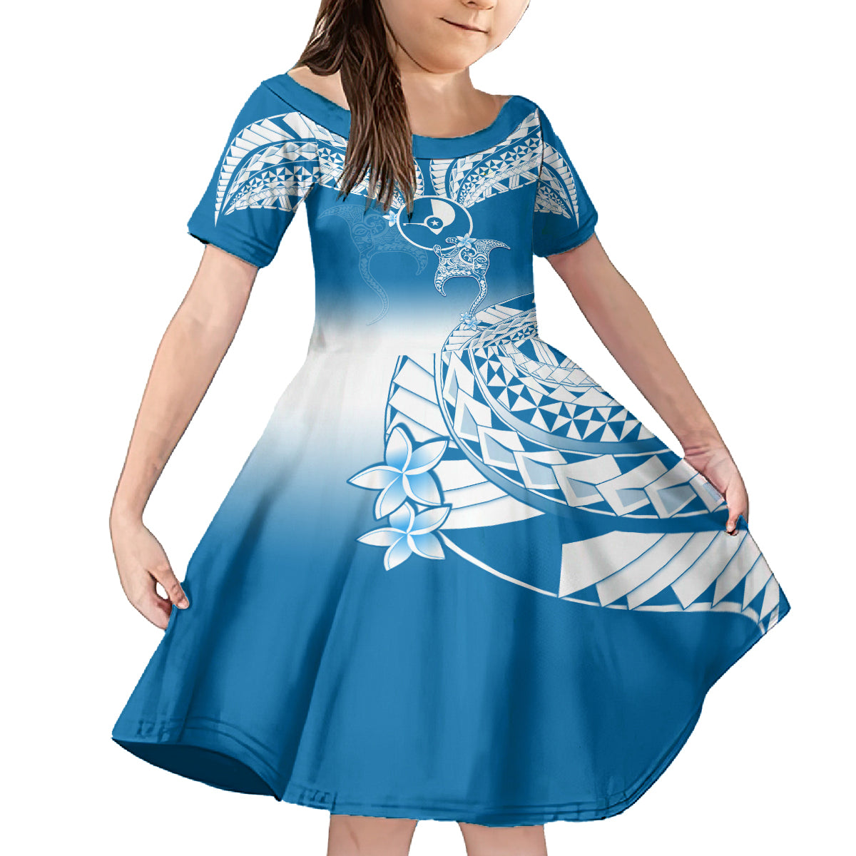 FSM Yap Constitution Day Family Matching Long Sleeve Bodycon Dress and Hawaiian Shirt Polynesian Batoids LT05 Daughter's Dress Blue - Polynesian Pride