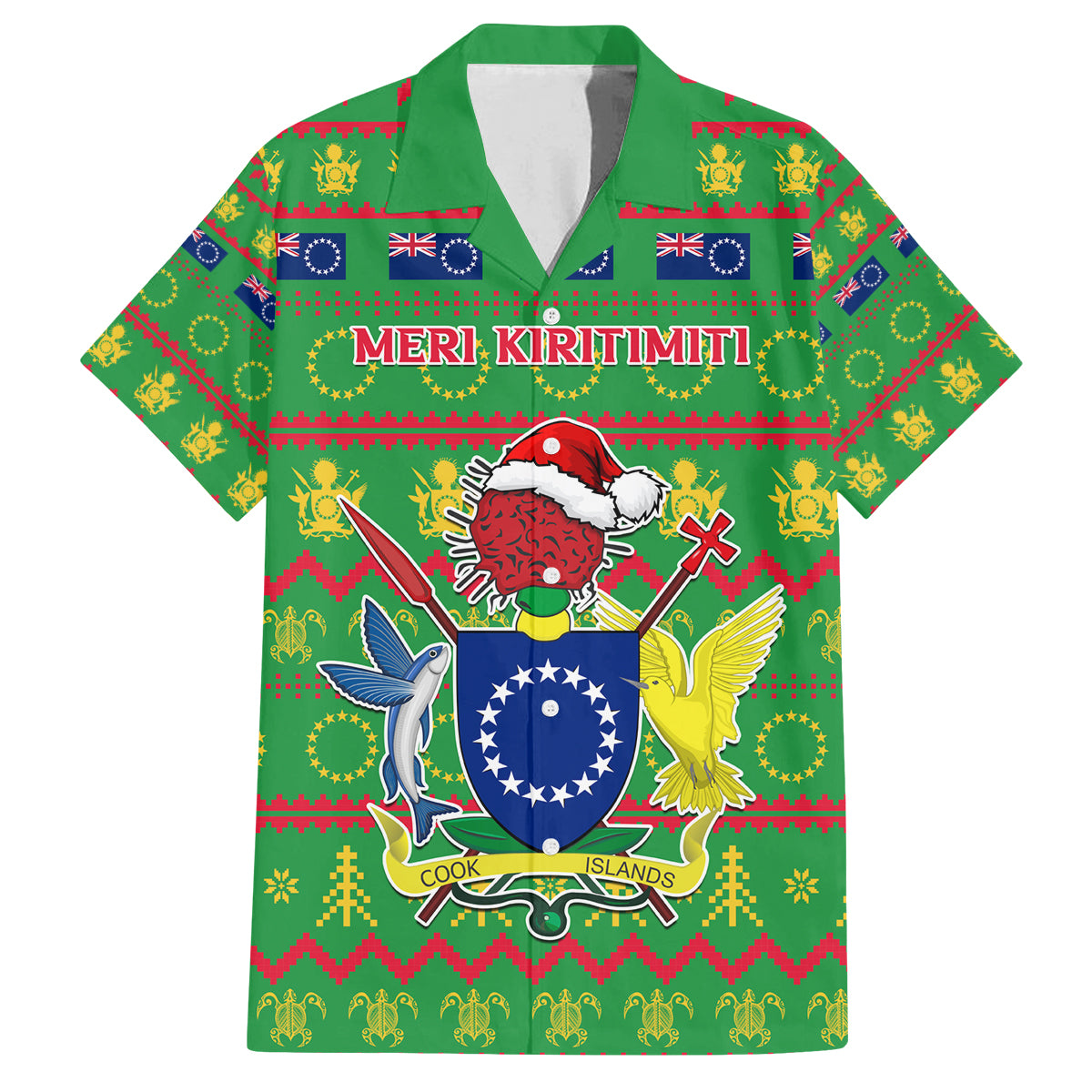 Personalised Cook Islands Christmas Family Matching Off Shoulder Long Sleeve Dress and Hawaiian Shirt Santa Coat Of Arms Meri Kiritimiti LT05 Dad's Shirt - Short Sleeve Green - Polynesian Pride