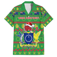 Personalised Cook Islands Christmas Family Matching Off Shoulder Long Sleeve Dress and Hawaiian Shirt Santa Coat Of Arms Meri Kiritimiti LT05 Dad's Shirt - Short Sleeve Green - Polynesian Pride