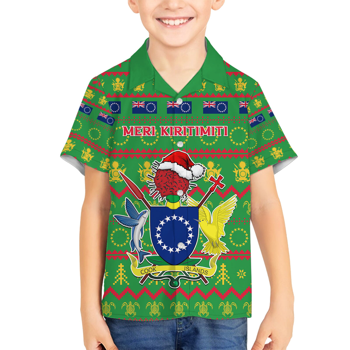 Personalised Cook Islands Christmas Family Matching Off Shoulder Long Sleeve Dress and Hawaiian Shirt Santa Coat Of Arms Meri Kiritimiti LT05 Son's Shirt Green - Polynesian Pride