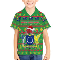 Personalised Cook Islands Christmas Family Matching Off Shoulder Long Sleeve Dress and Hawaiian Shirt Santa Coat Of Arms Meri Kiritimiti LT05 Son's Shirt Green - Polynesian Pride