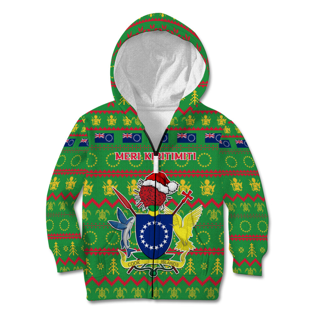 Personalised Cook Islands Christmas Kid Hoodie Santa Coat Of Arms Meri Kiritimiti LT05 Zip Hoodie Green - Polynesian Pride
