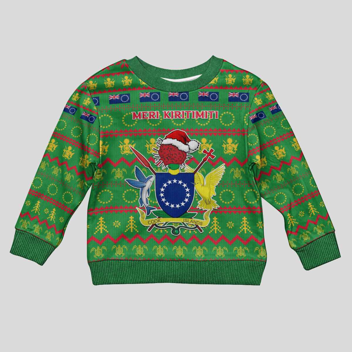 Personalised Cook Islands Christmas Kid Ugly Christmas Sweater Santa Coat Of Arms Meri Kiritimiti LT05 Kid Green - Polynesian Pride