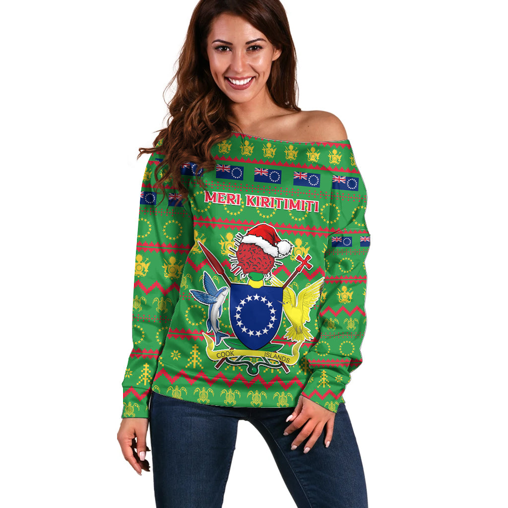 Personalised Cook Islands Christmas Off Shoulder Sweater Santa Coat Of Arms Meri Kiritimiti LT05 Women Green - Polynesian Pride