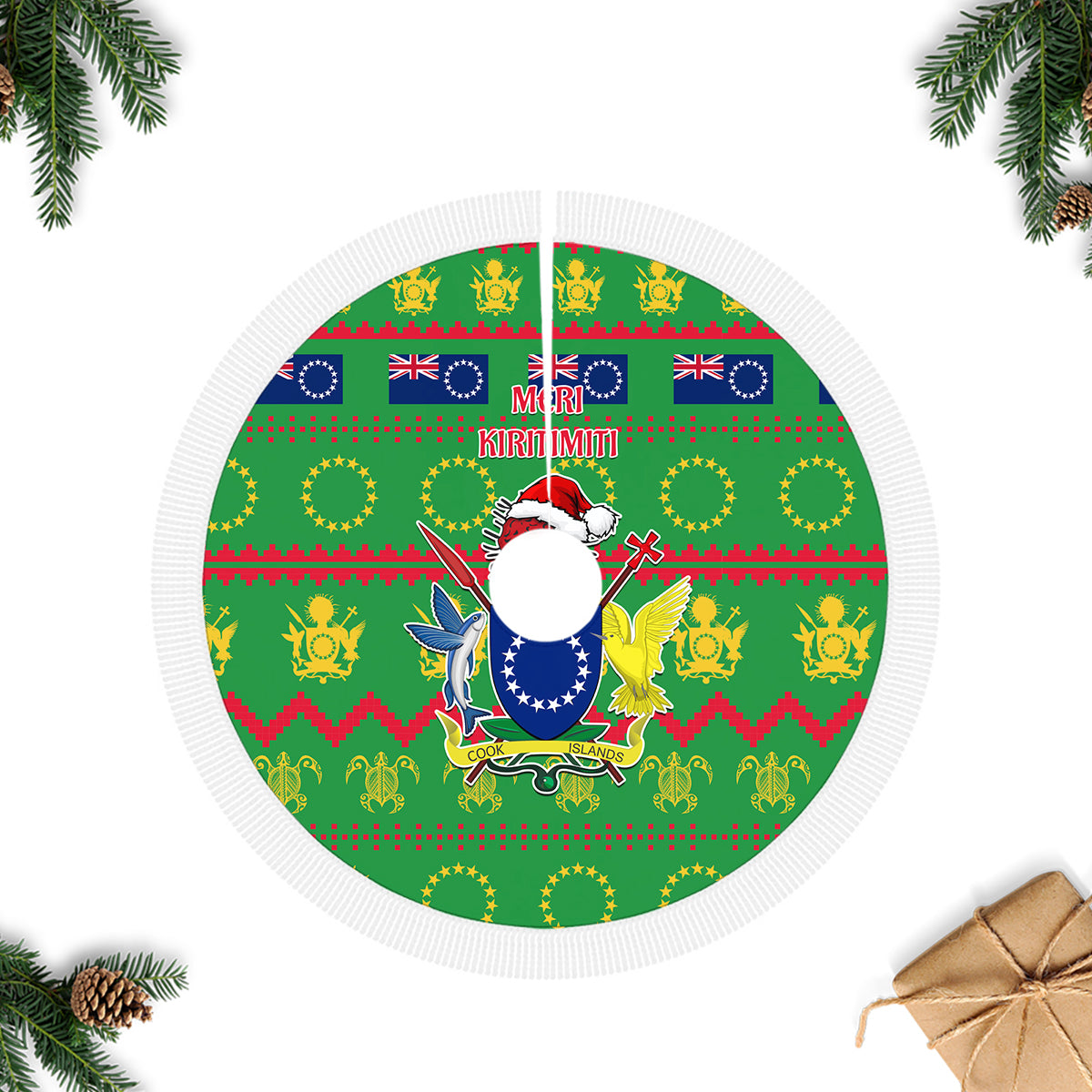 Cook Islands Christmas Tree Skirt Santa Coat Of Arms Meri Kiritimiti LT05 Fringed Tree Skirts Green - Polynesian Pride
