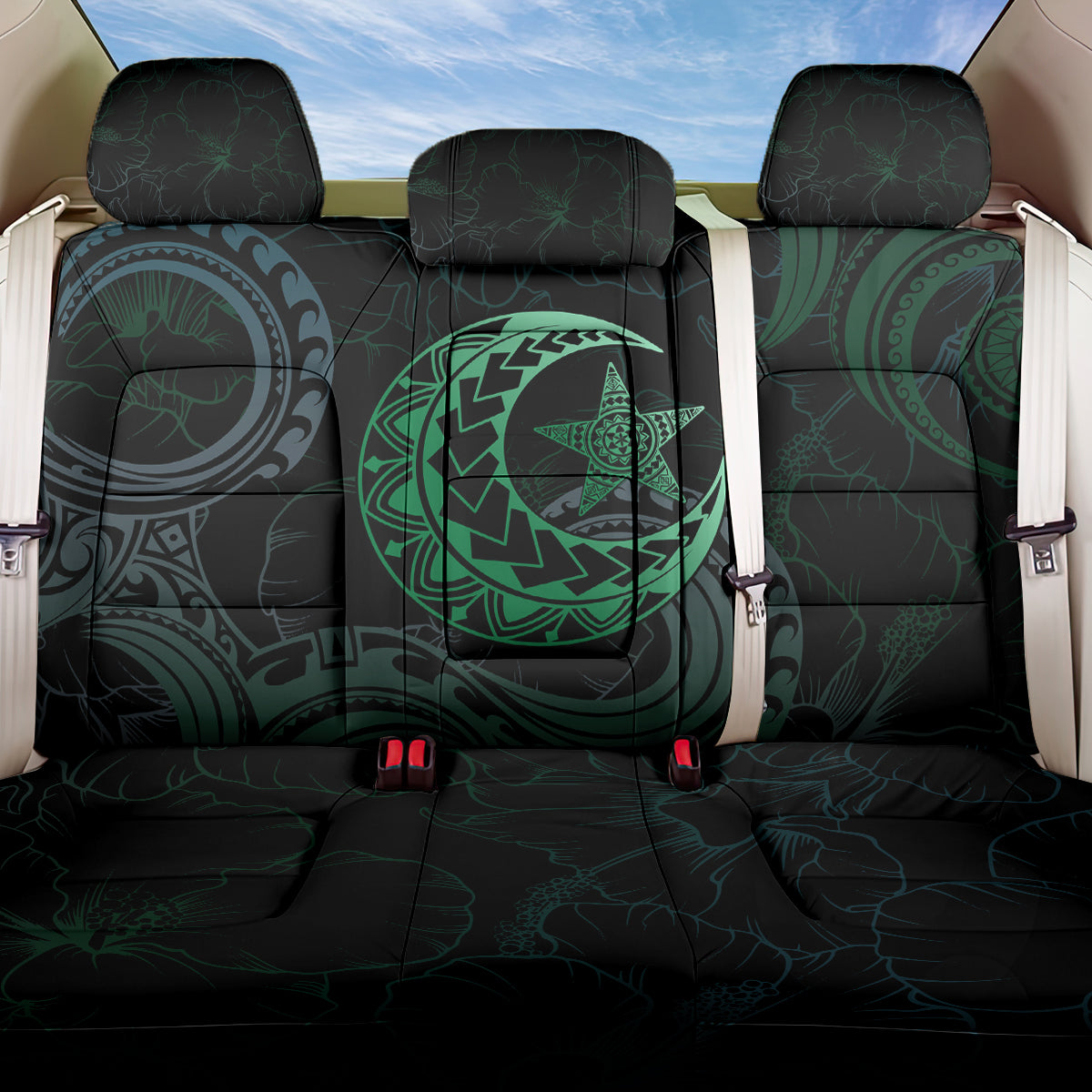 Polynesia Back Car Seat Cover With Islam Crescent And Star LT05 One Size Green - Polynesian Pride