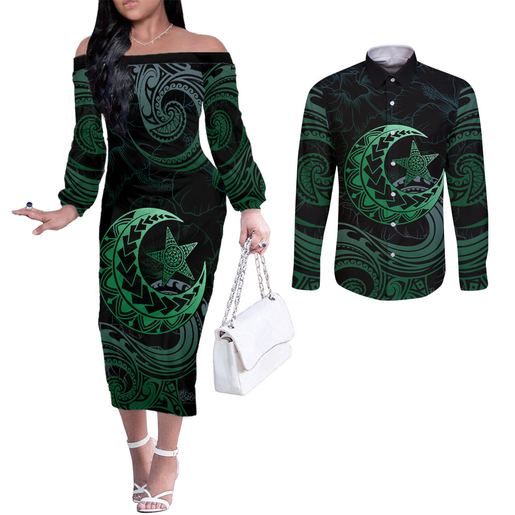 Personalised Polynesia Couples Matching Off The Shoulder Long Sleeve Dress and Long Sleeve Button Shirt With Islam Crescent And Star LT05 Green - Polynesian Pride