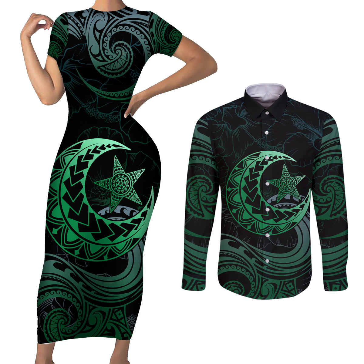 Personalised Polynesia Couples Matching Short Sleeve Bodycon Dress and Long Sleeve Button Shirt With Islam Crescent And Star LT05 Green - Polynesian Pride