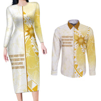 Personalised Polynesia Couples Matching Long Sleeve Bodycon Dress and Long Sleeve Button Shirt Bahai Faith Symbol LT05 Yellow - Polynesian Pride