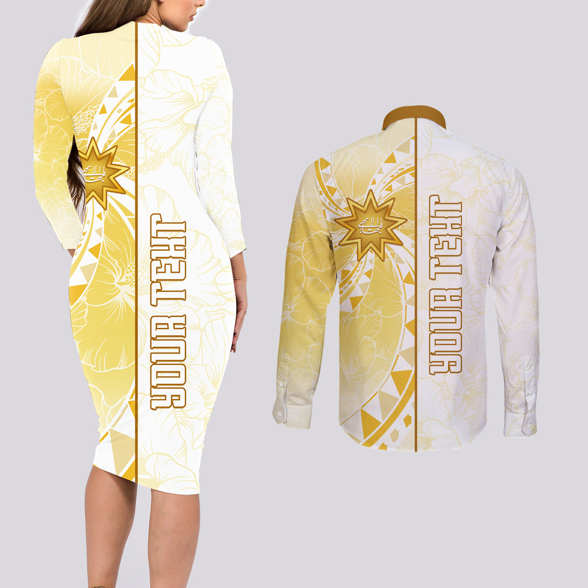 Personalised Polynesia Couples Matching Long Sleeve Bodycon Dress and Long Sleeve Button Shirt Bahai Faith Symbol LT05 - Polynesian Pride