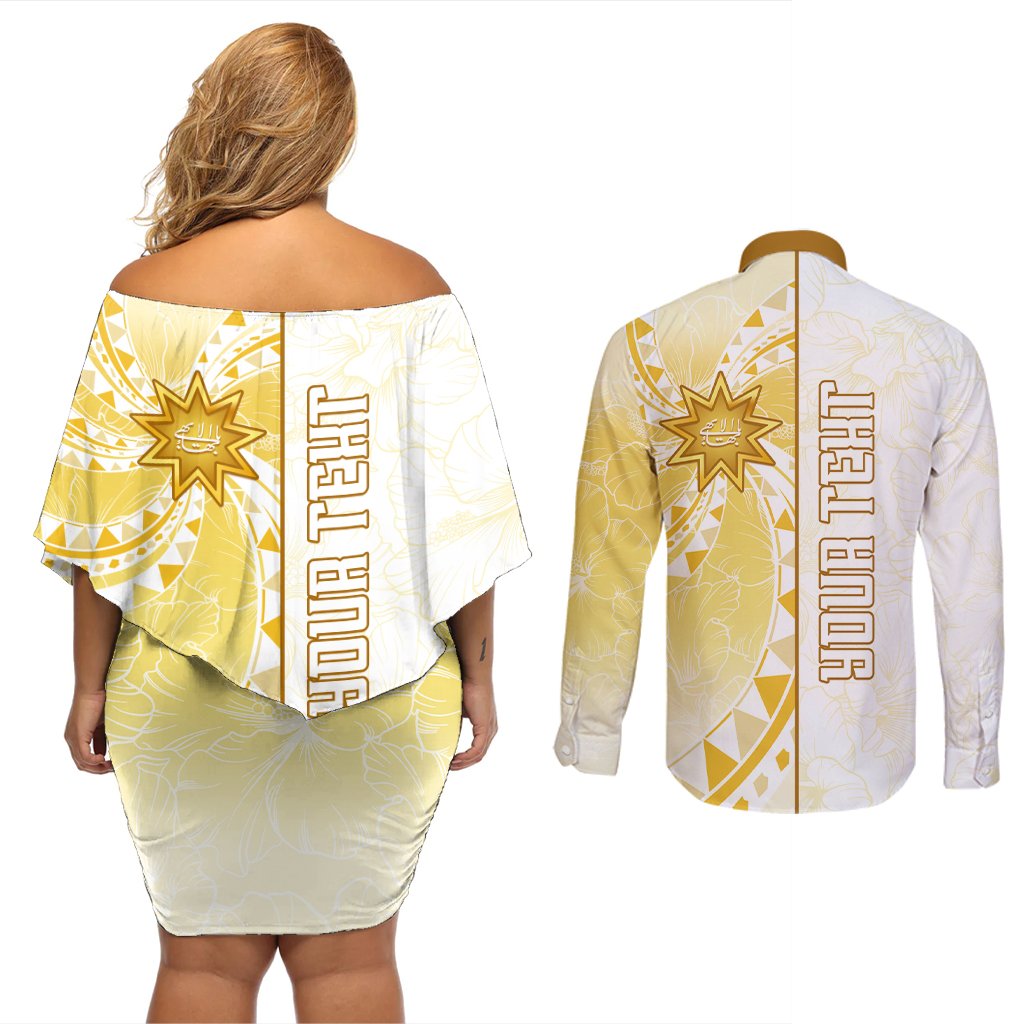 Personalised Polynesia Couples Matching Off Shoulder Short Dress and Long Sleeve Button Shirt Bahai Faith Symbol LT05 - Polynesian Pride