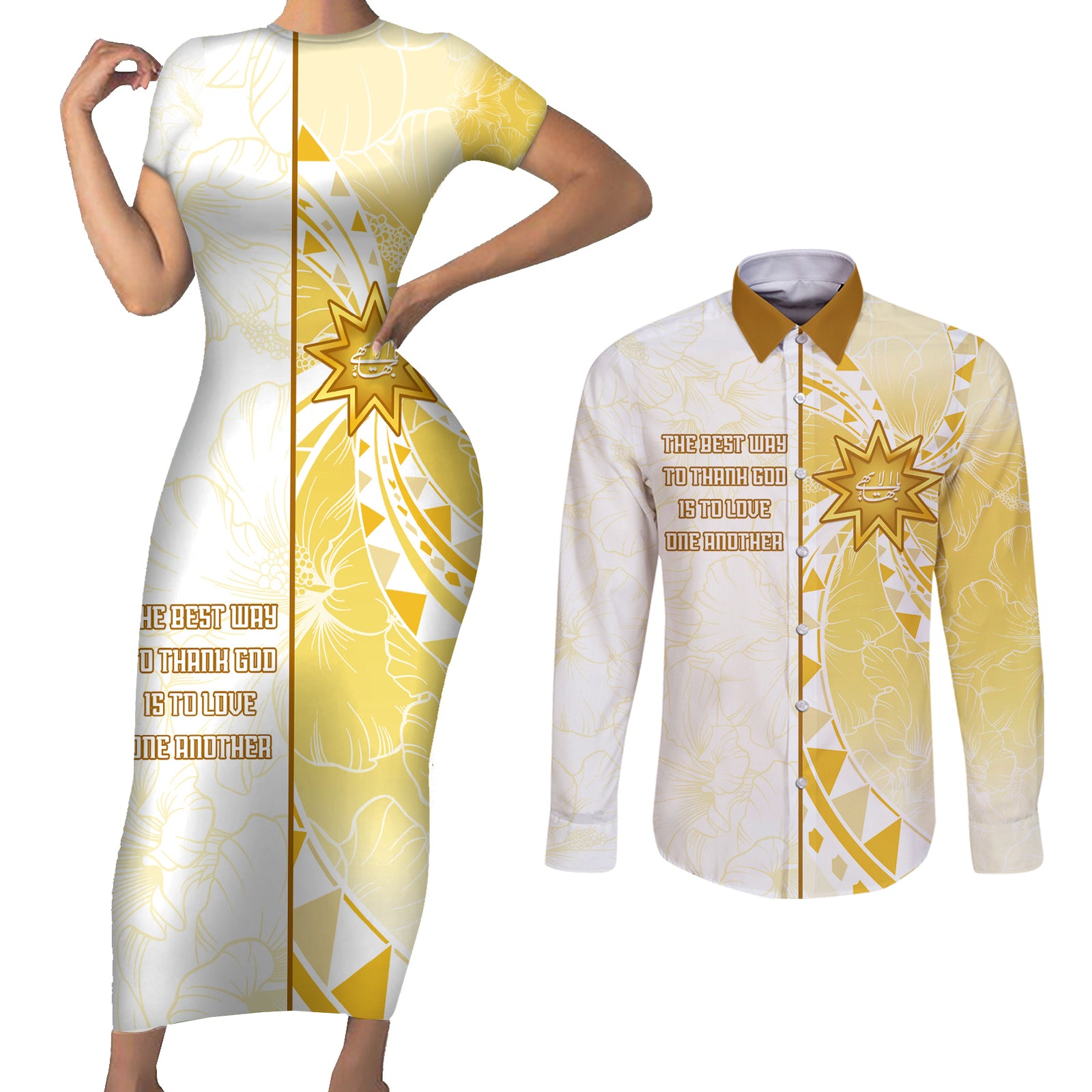 Personalised Polynesia Couples Matching Short Sleeve Bodycon Dress and Long Sleeve Button Shirt Bahai Faith Symbol LT05 Yellow - Polynesian Pride