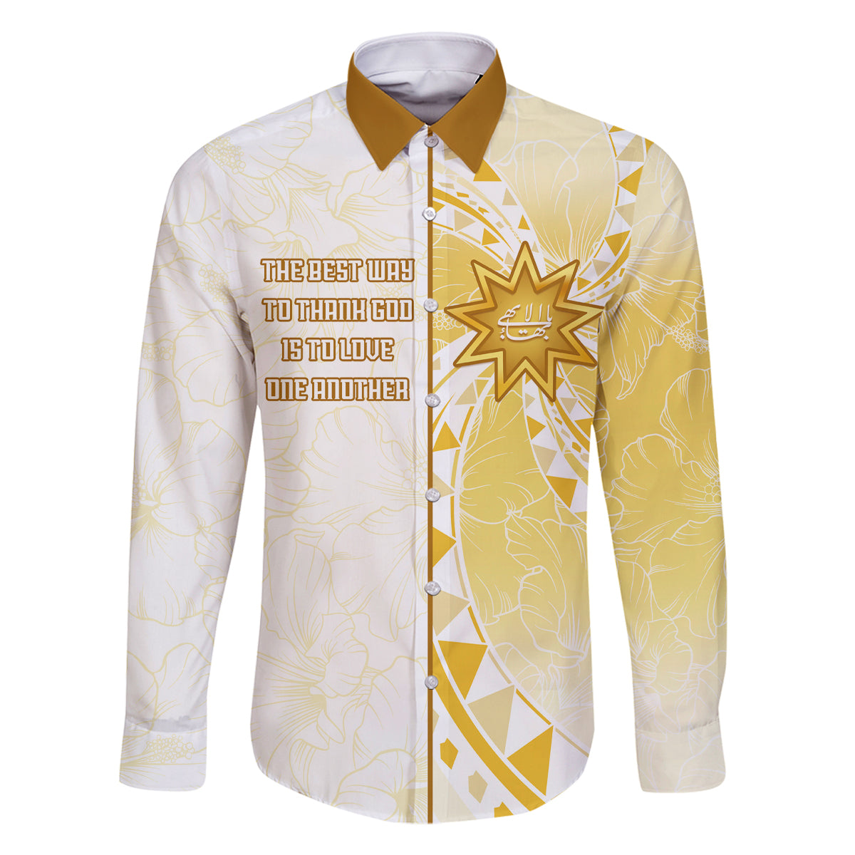 Personalised Polynesia Family Matching Off Shoulder Maxi Dress and Hawaiian Shirt Bahai Faith Symbol LT05 Dad's Shirt - Long Sleeve Yellow - Polynesian Pride