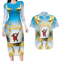 Fiji Christmas Couples Matching Long Sleeve Bodycon Dress and Hawaiian Shirt Snow Globe With Fijian Santa LT05 Blue - Polynesian Pride